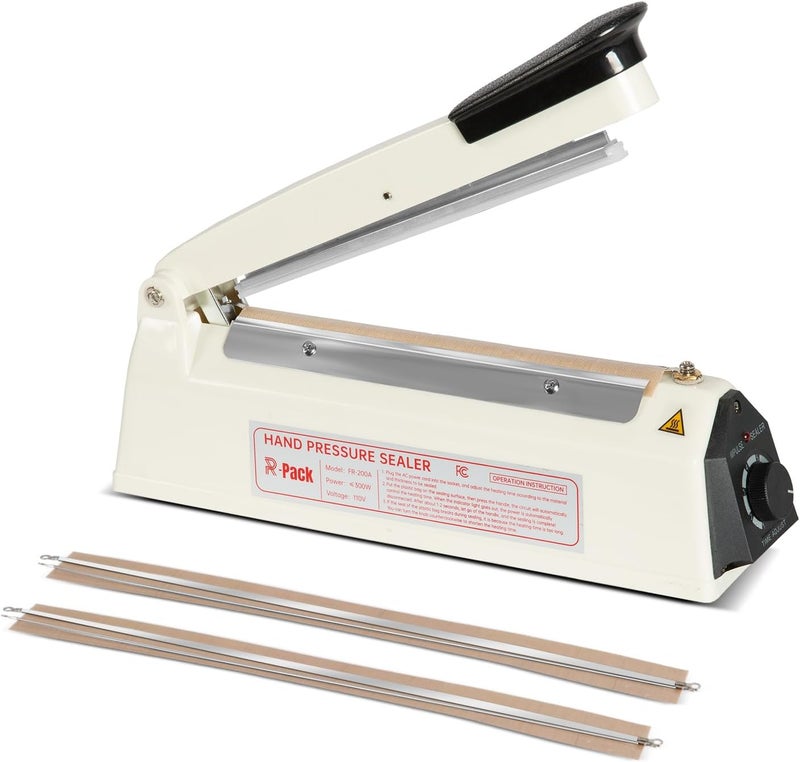 R-PACK Impulse Heat Sealer with Seal bar, Heavy-Duty Bag Sealing & Cutting Machine, 2 Extra Replacements (white, 8inch) - Image 1